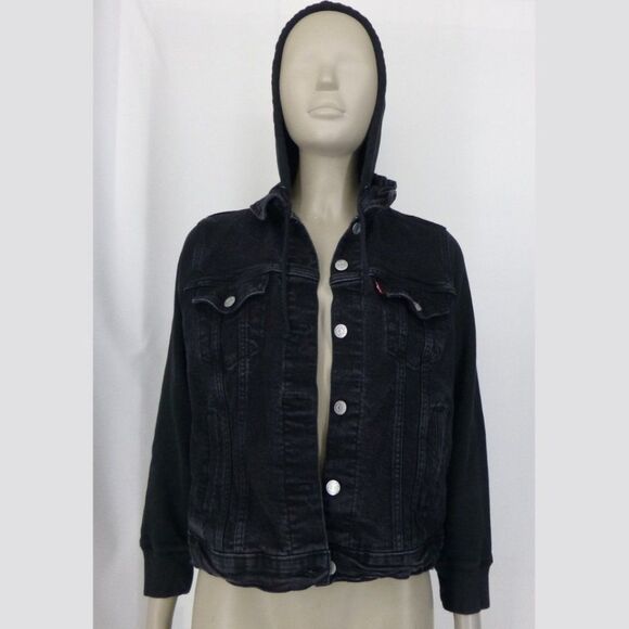 Levis' Black Denim Hybrid Hoodie Trucker Jacket - Picture 2 of 12
